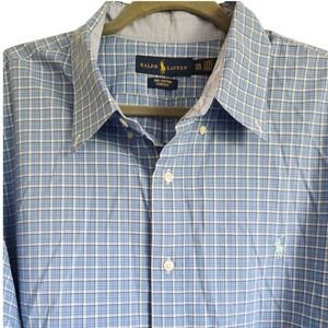 Ralph Lauren XXL Mens Blue Plaid Long Sleeve 100% Cotton Stretch Shirt‎